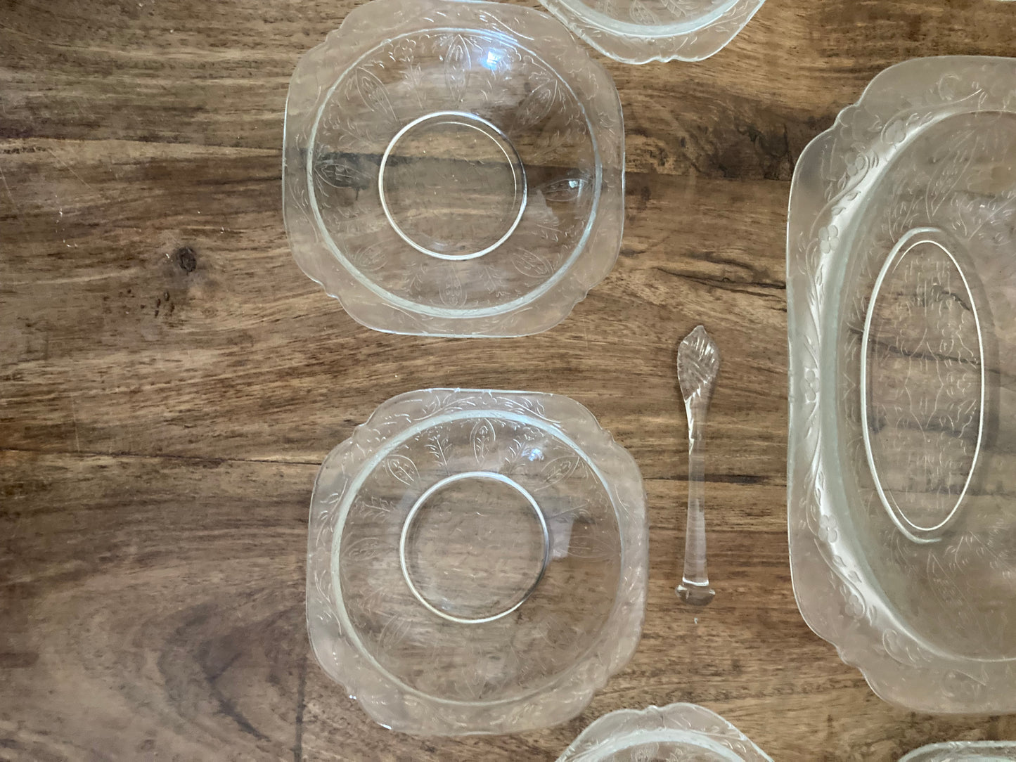 Depression Glass Rectangle Serving Bowl with 6 Square Side Bowls