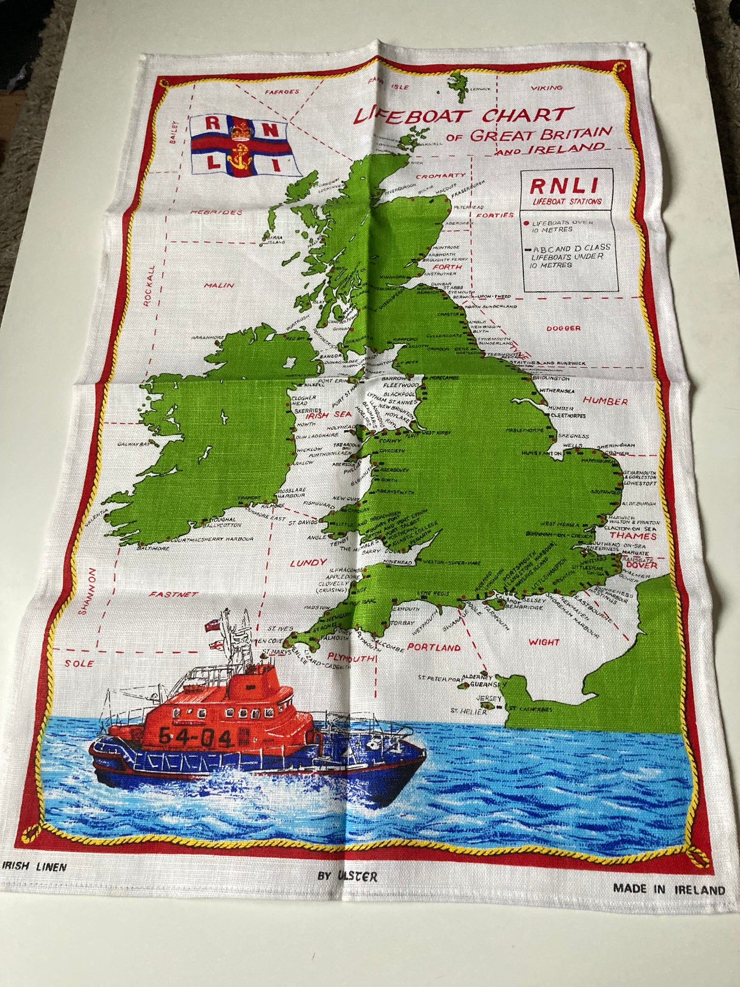 Vintage RNLI Lifeboat Chart Of Great Britain & Ireland Linen Tea Towel