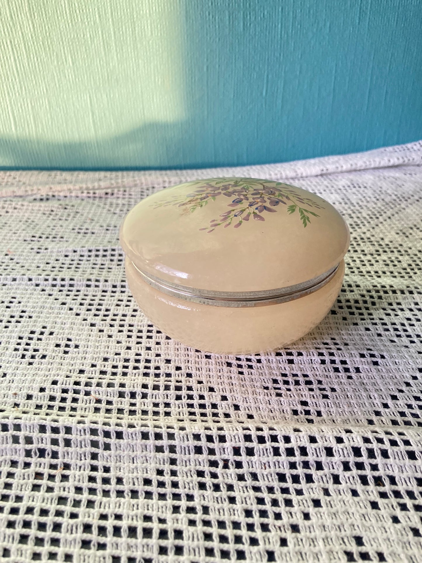 Genuine Alabaster Hand Carved Purple Violet Flowers Hinged Trinket/Jewelry Box