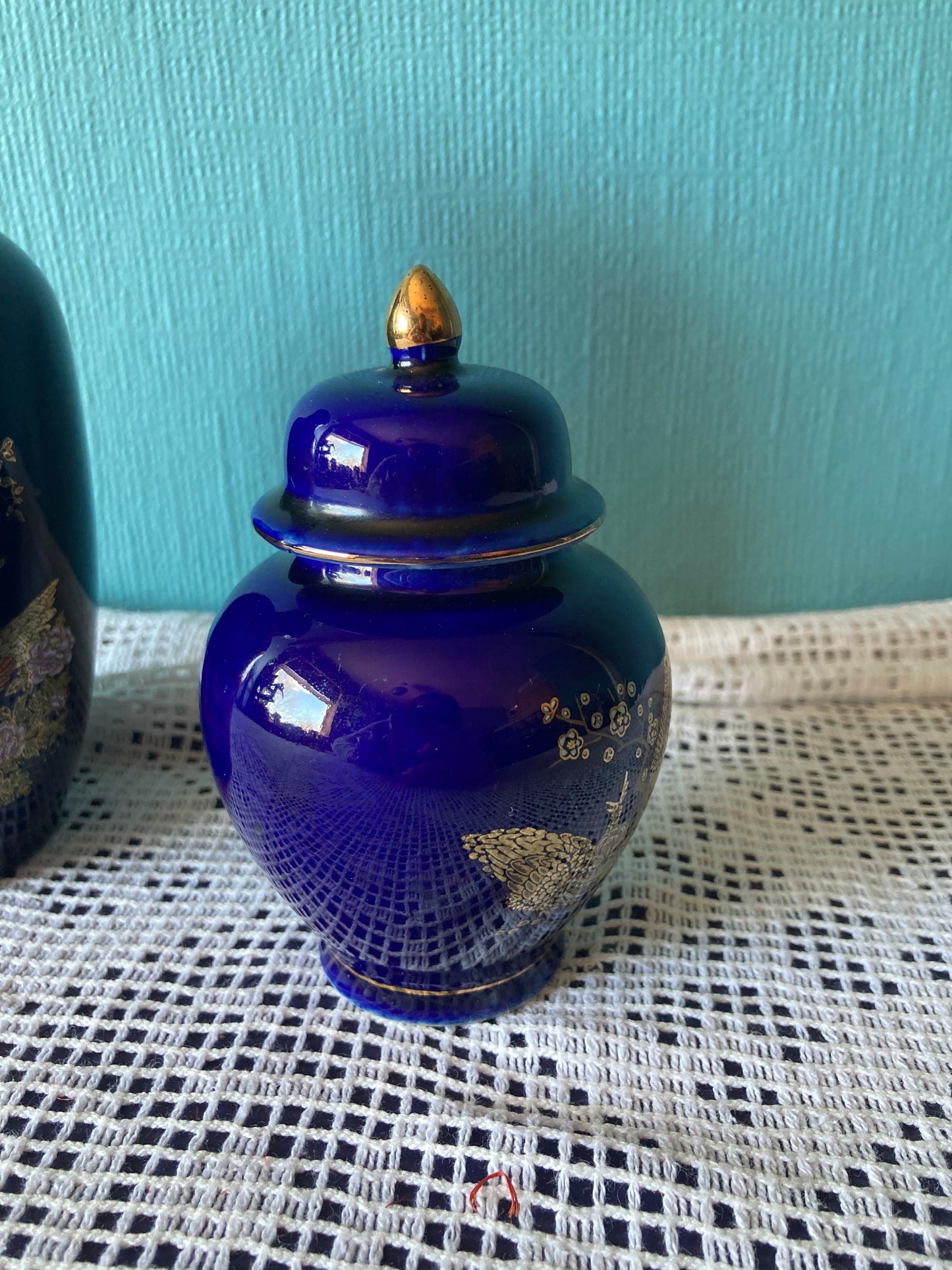 Kutani Ginger Jar and Vase Set Japanese Peacock Ceramics