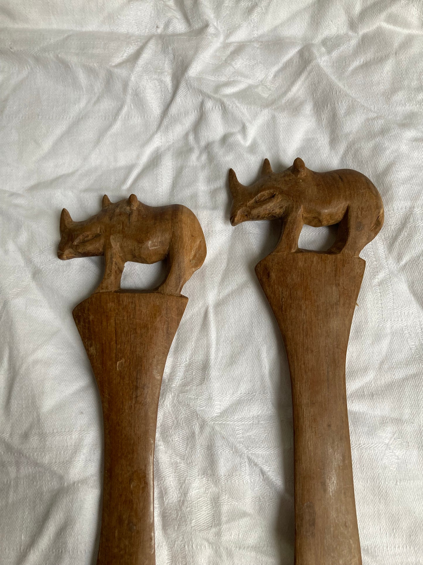 Vintage Wooden Carved Rhino Salad Servers Ethnic Rustic Mid Century