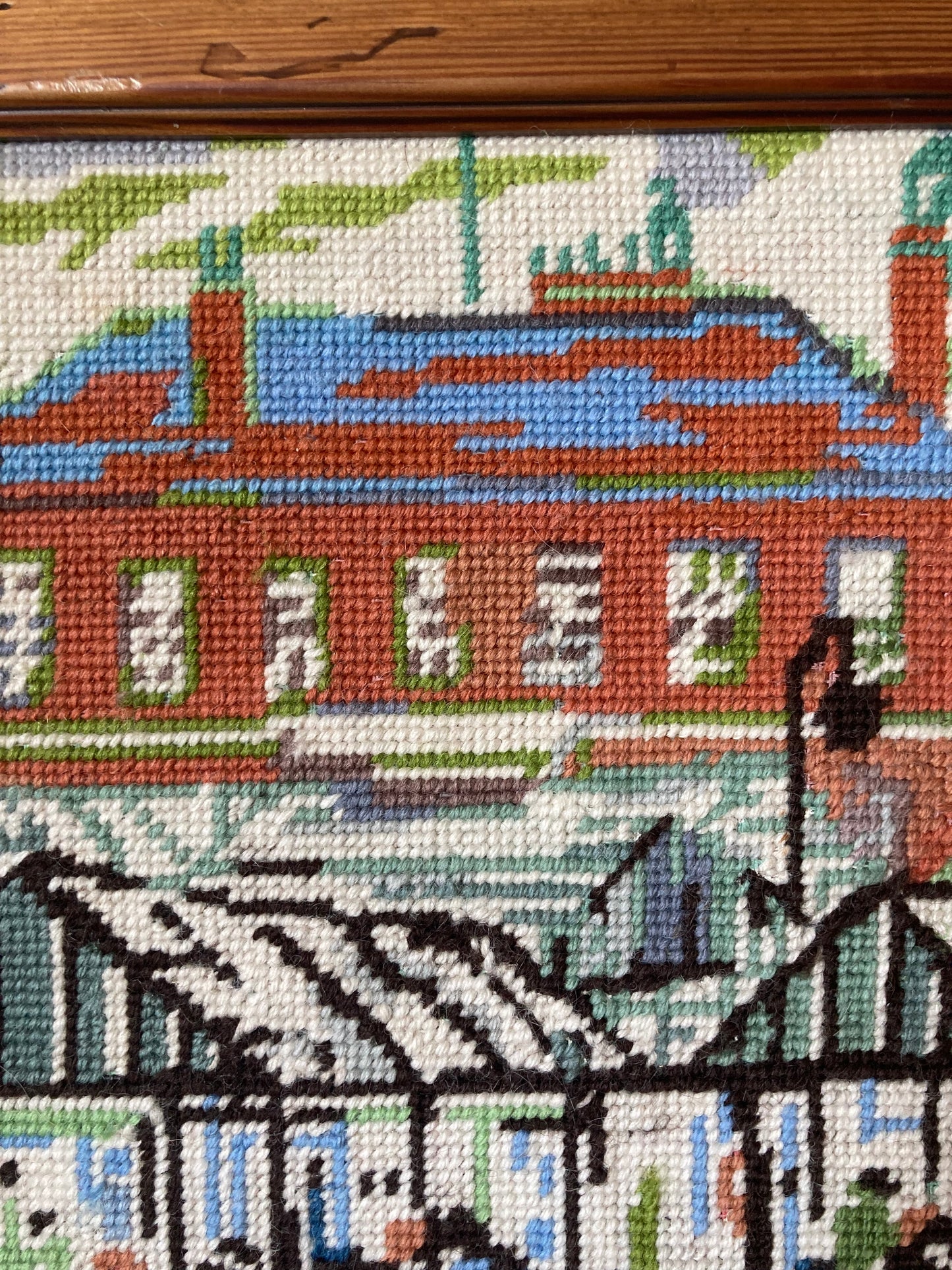 Lowry Style Market Scene Framed Tapestry Vintage Textile Wall Art
