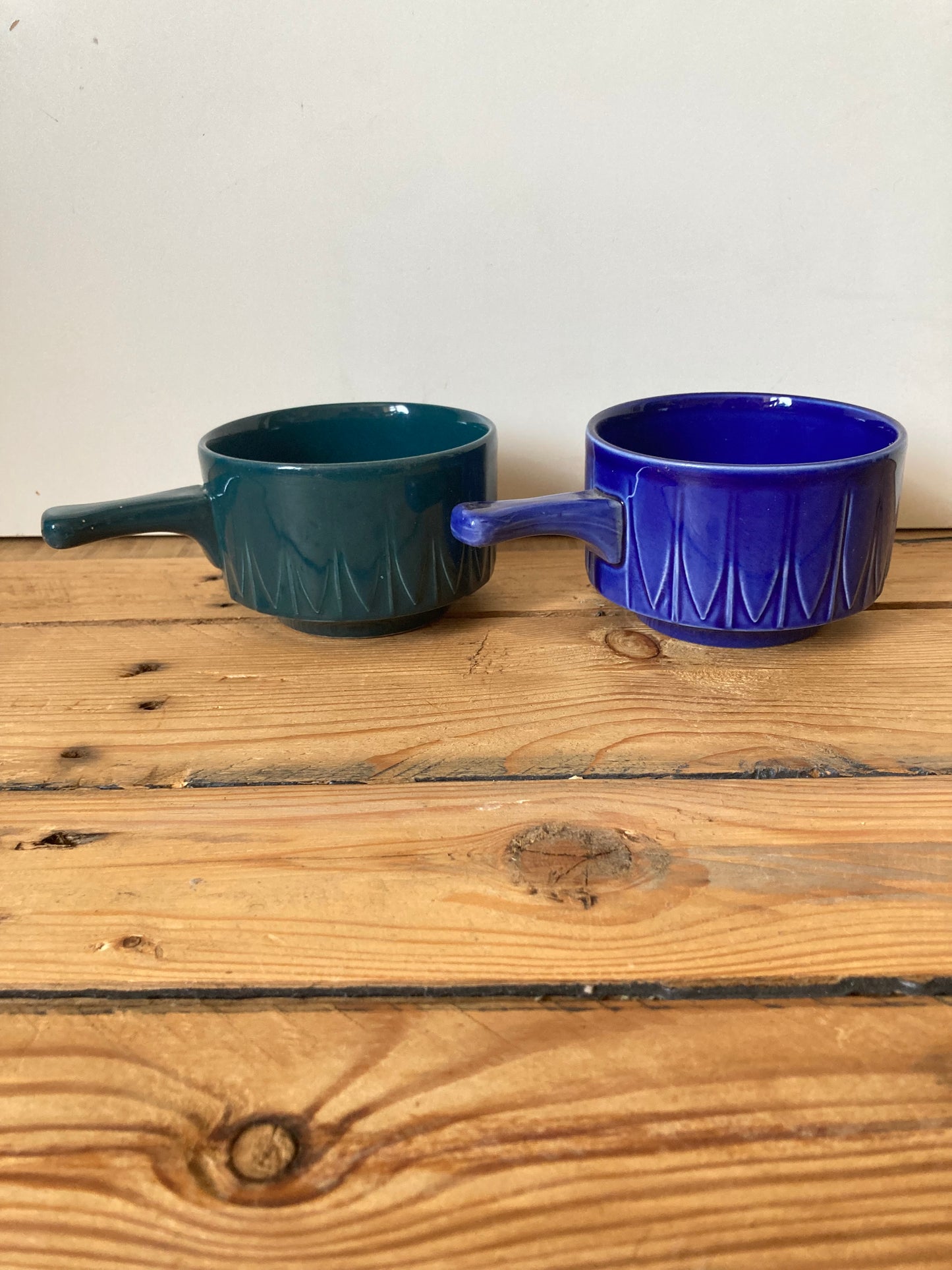 Vintage Tams Pottery Handled Soup Bowls | Set of 2 Blue & Green Stoneware Bowls | Made in England
