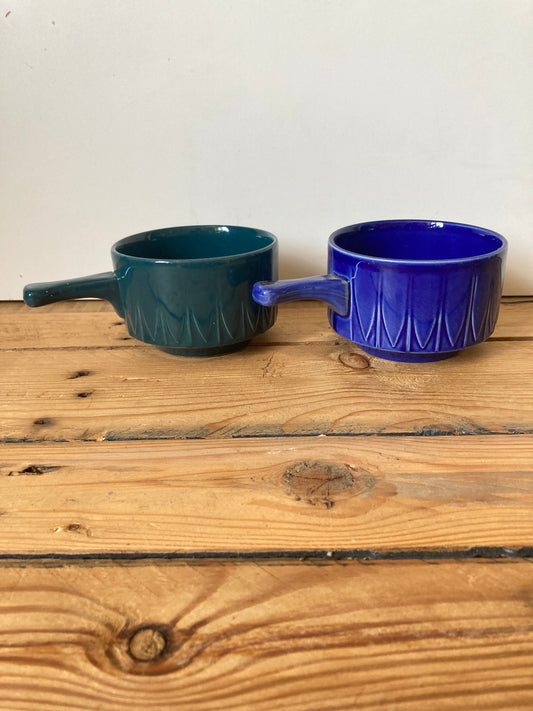 Vintage Tams Pottery Handled Soup Bowls | Set of 2 Blue & Green Stoneware Bowls | Made in England