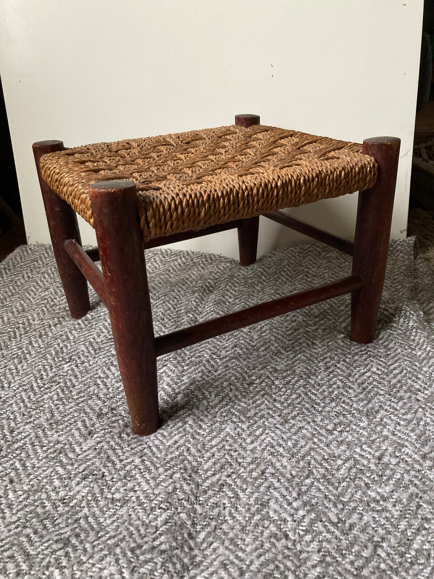 Antique Wooden Foot Stool Woven String Wood Cottage Furniture