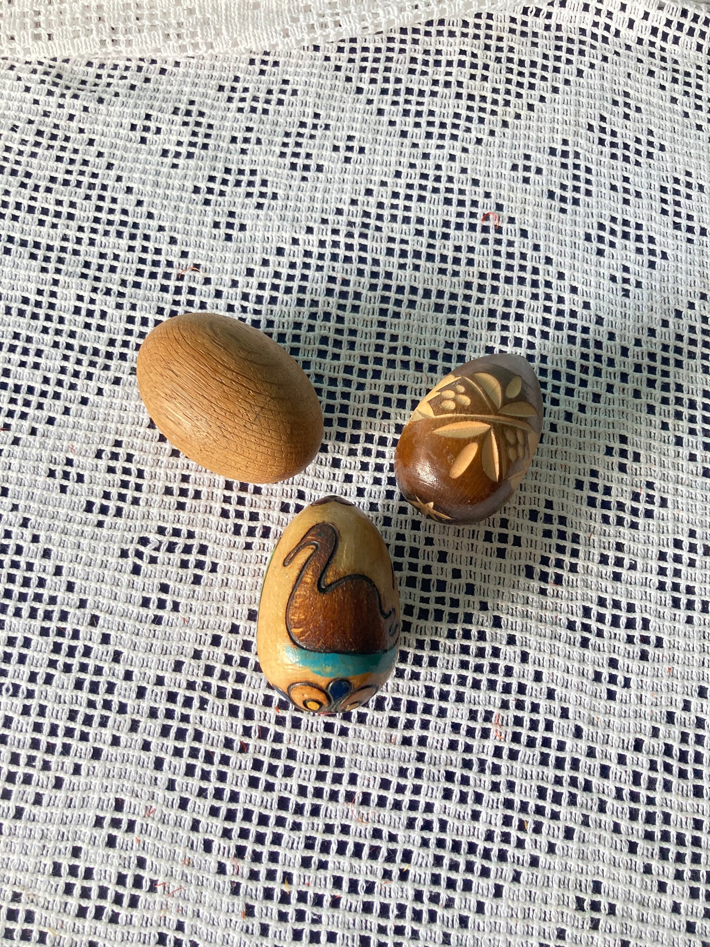 Hand Carved Decorated Wooden Egg Trio
