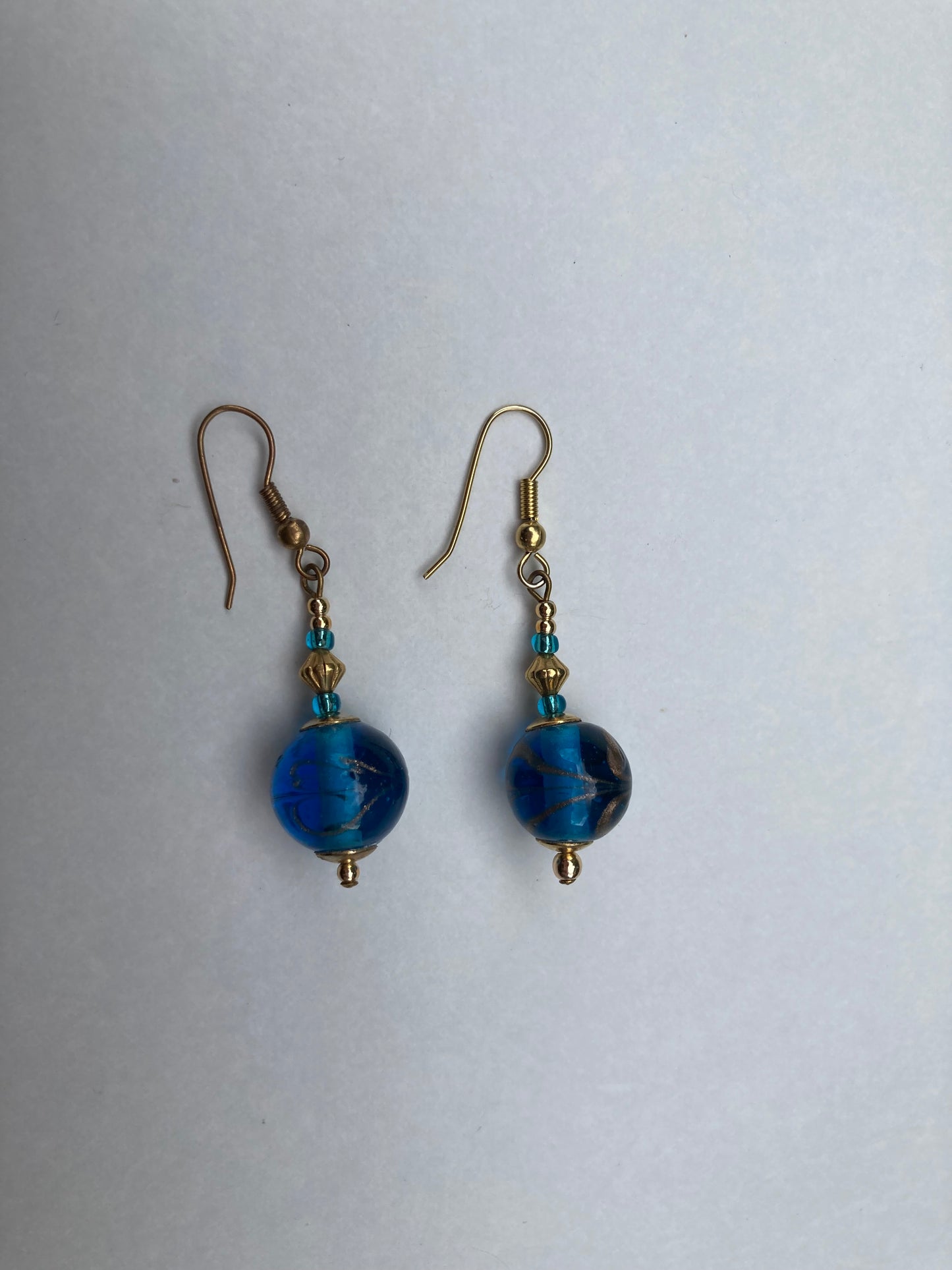 Murano Style Blue Glass and Gold Dangle Earrings