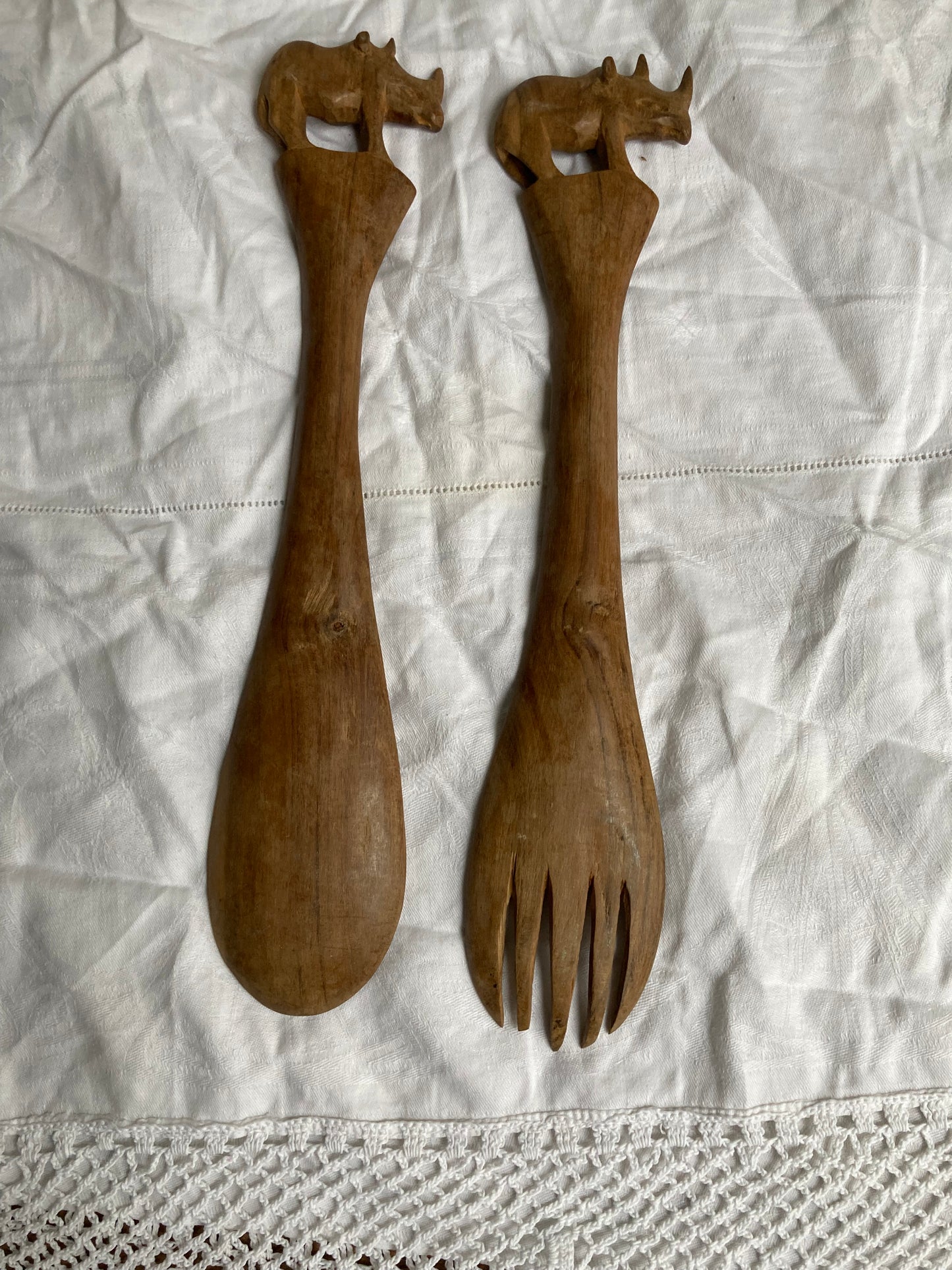 Vintage Wooden Carved Rhino Salad Servers Ethnic Rustic Mid Century