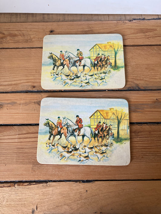 Vintage Fox Hunting Cork-Backed Table Mats – Set of 2 Equestrian Country Cottage Placemats