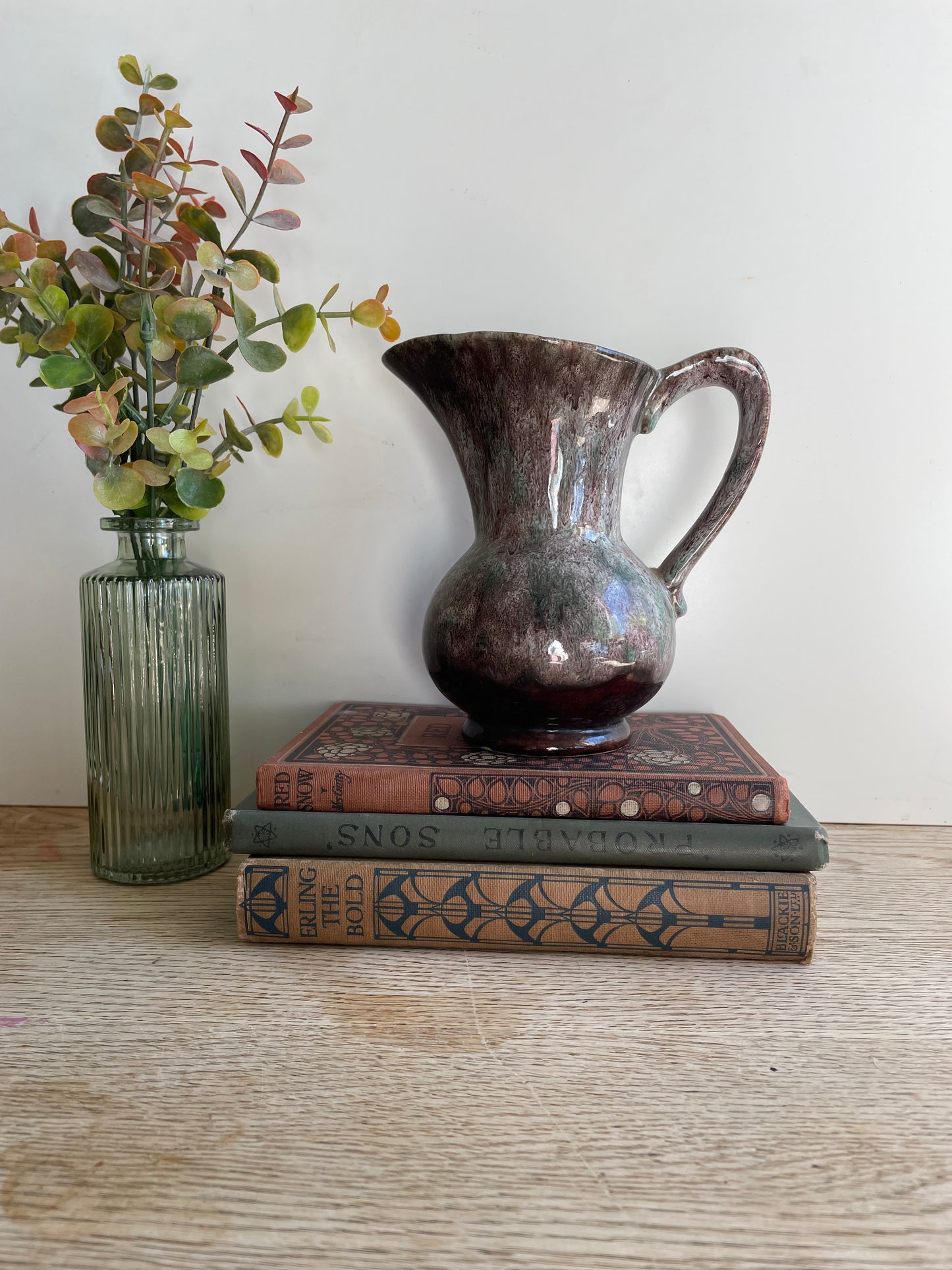 West German Pottery Jug Green Pink White Drizzle Glaze Small Pitcher Vase Decor