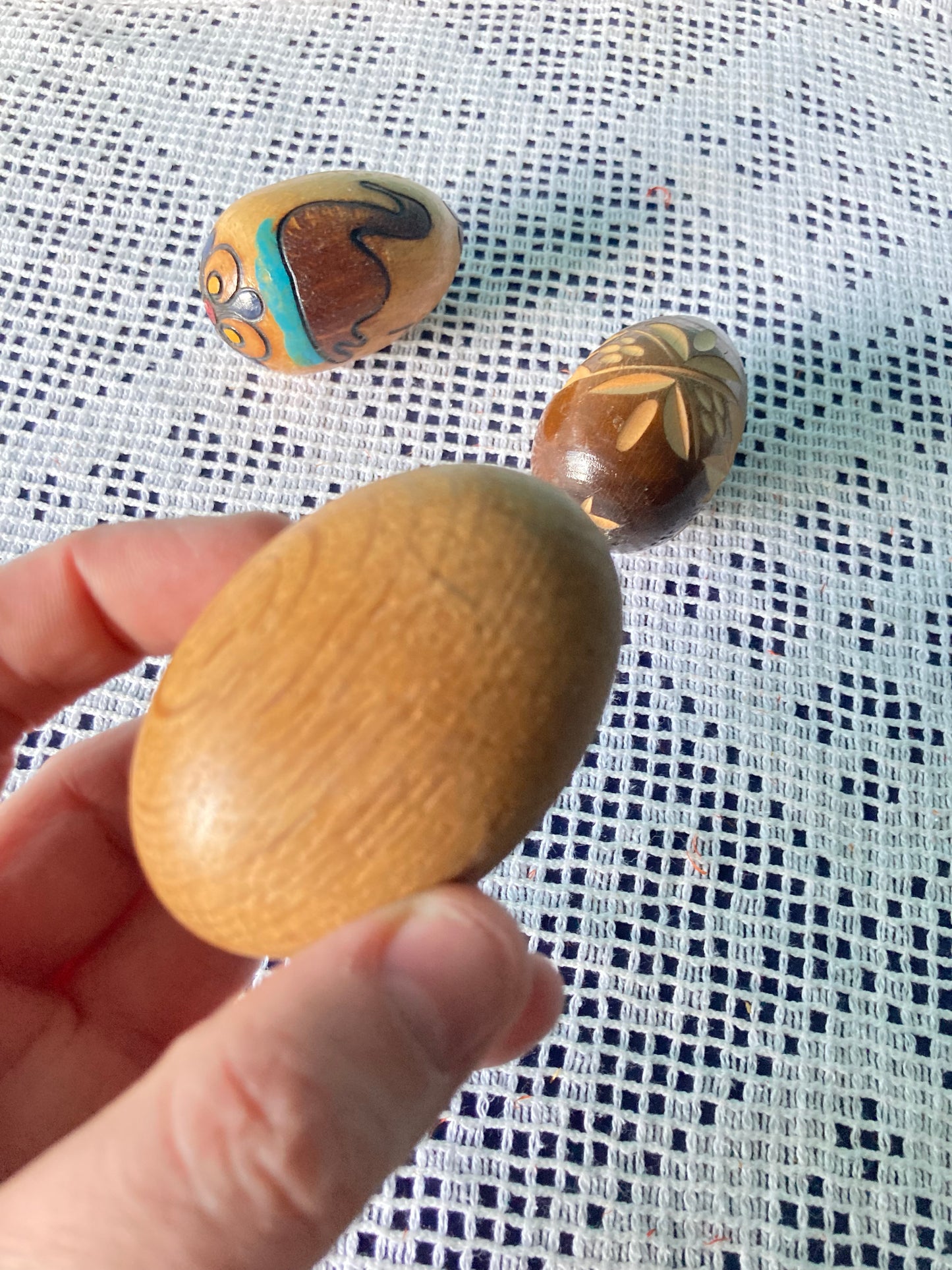 Hand Carved Decorated Wooden Egg Trio