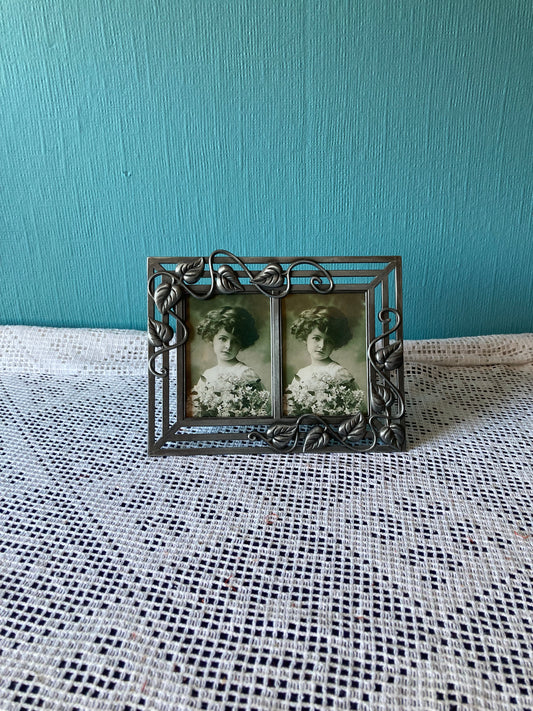 Pewter Metal Double Photo Frame with Leaf Detail