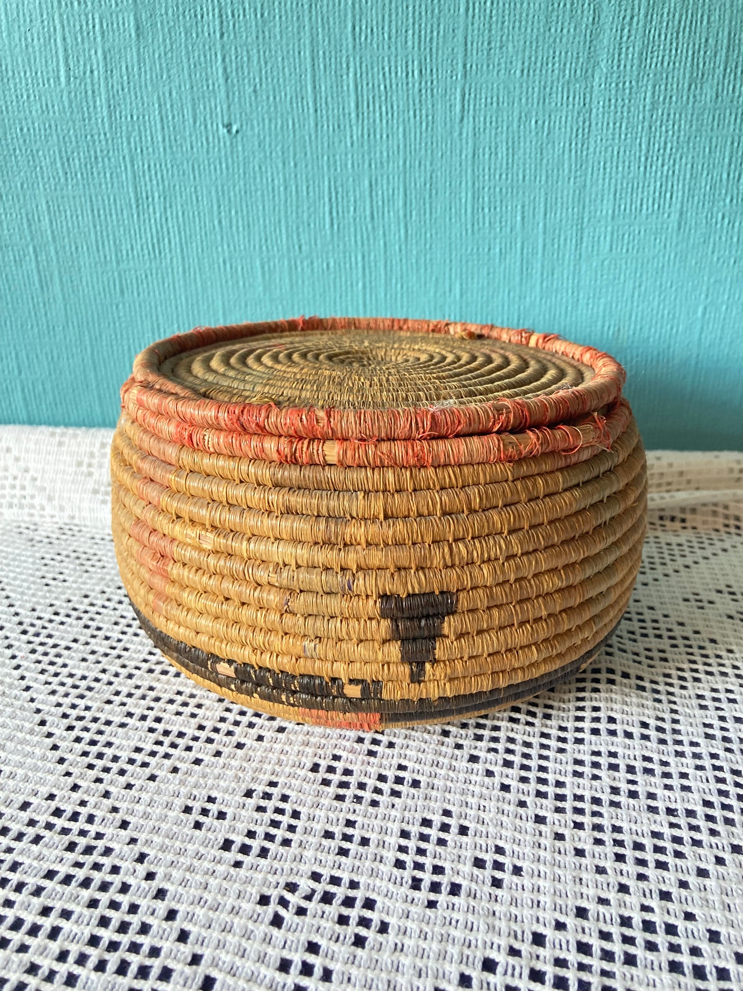 Vintage Hand Woven Native American Lidded Basket