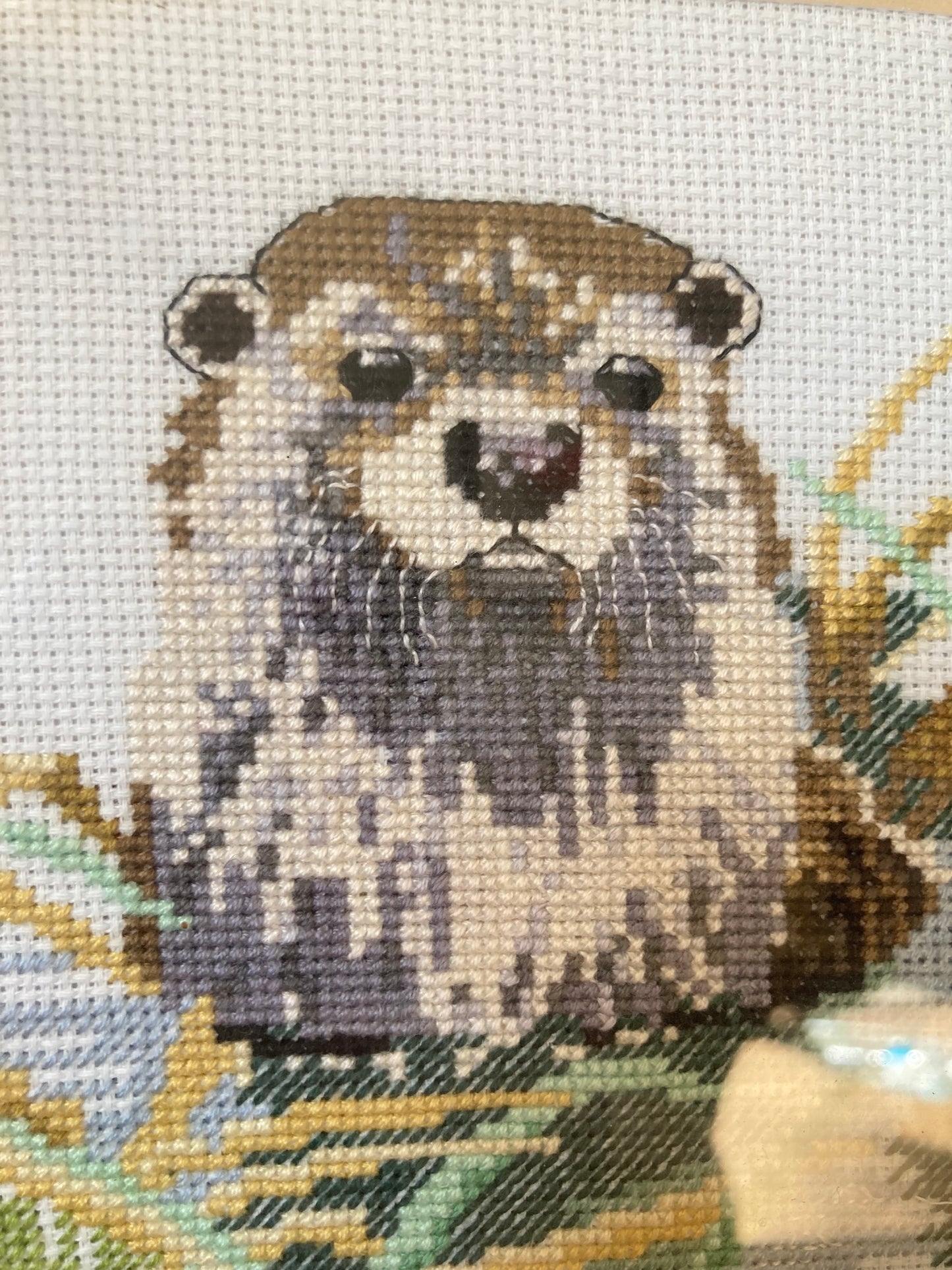 Vintage Framed Otter Needlepoint in Green Wood Frame