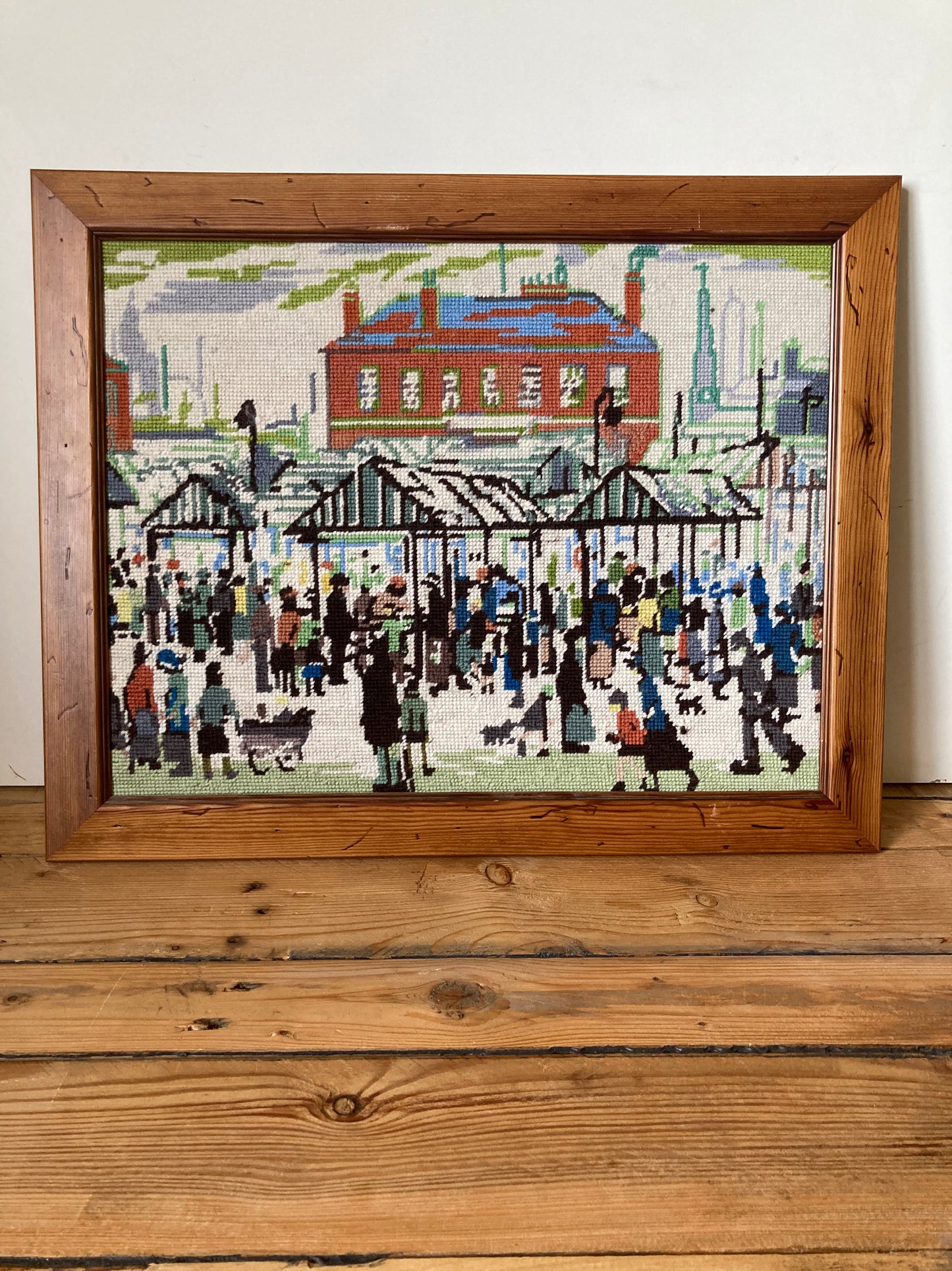 Lowry Style Market Scene Framed Tapestry Vintage Textile Wall Art