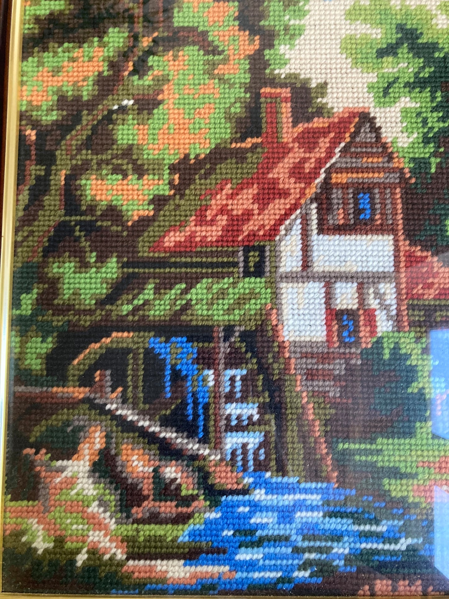 Watermill Cottage Completed Needlepoint Framed Landscape Countryside Fibre Art