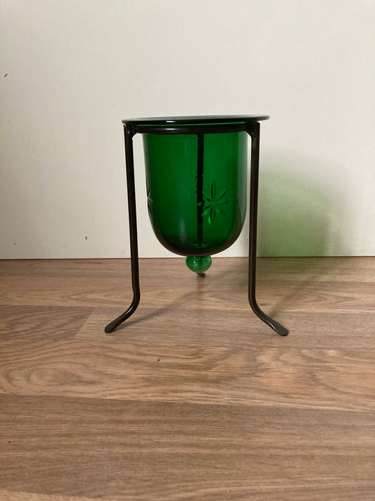 Vintage Green Etched Glass Candle Holder with Metal Stand