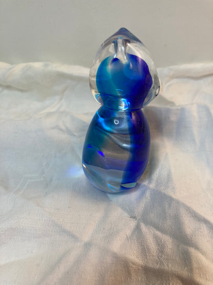 Vintage Blue Art Glass Cat Figurine With Curled Tail 3” Cat Lover Gift