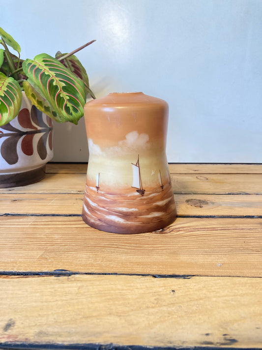 Vintage Hand Painted Glass Lamp Shade Nautical Sailboat Amber Brown
