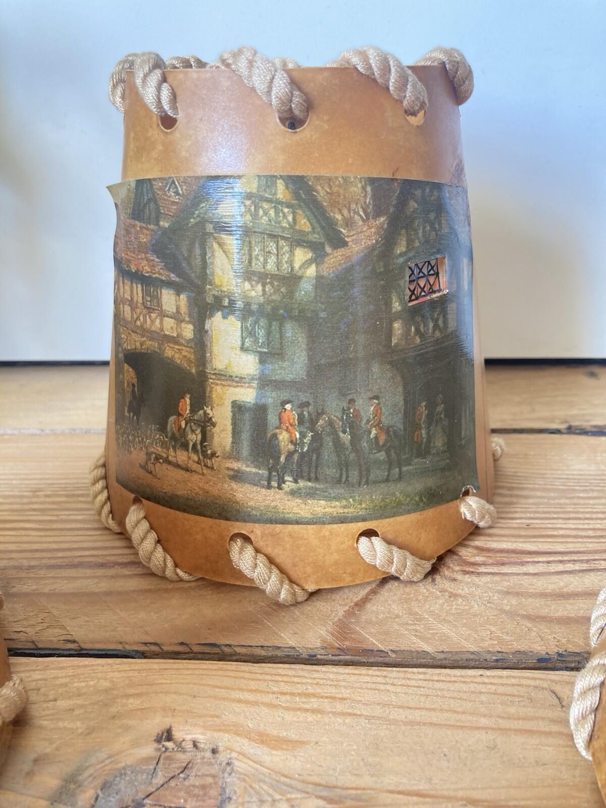 Vintage Trio Of Coated Paper Table Lamp Shades Rope Trim Hunting/Street Scene