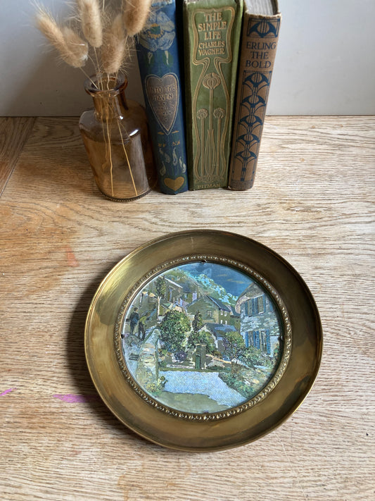 Vintage Brass Village Scene Plate - Shiny Foil Wall Decor (19cm Diameter)