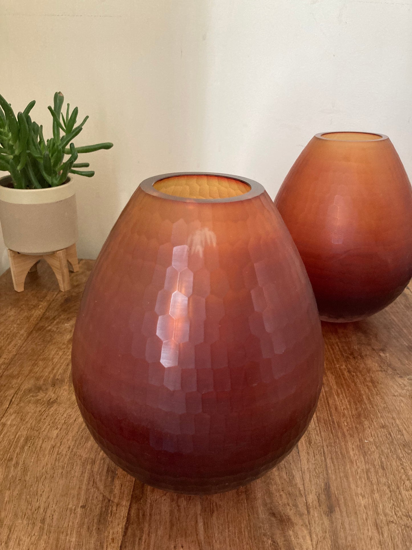 Amber Textured Glass Teardrop Vase Pair