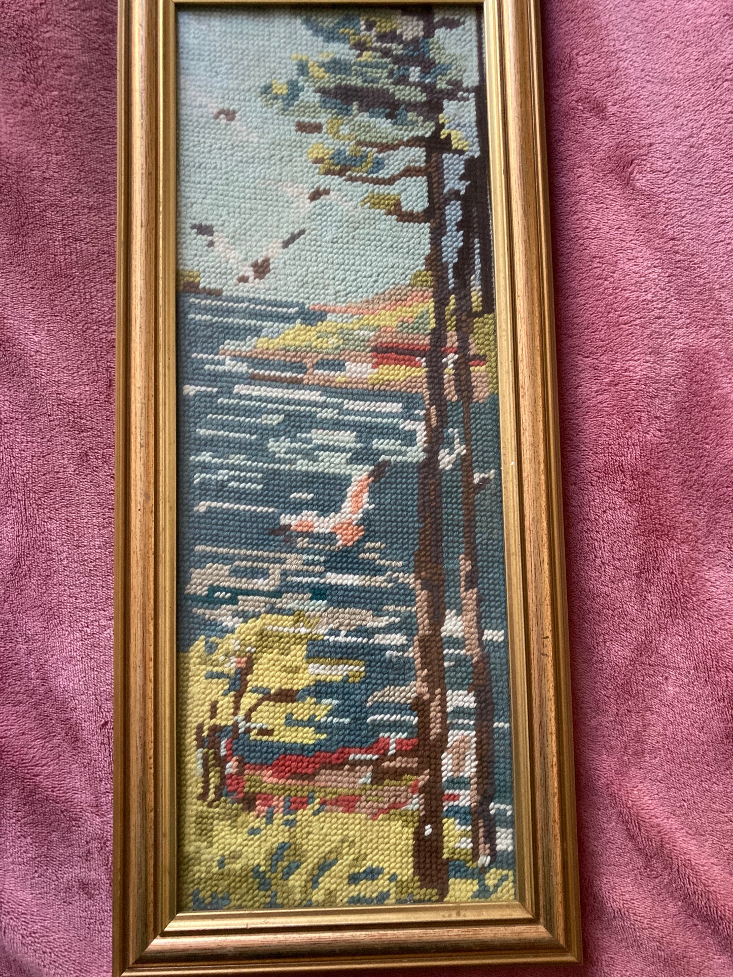 Framed Needlepoint Picture Coastal Landscape Coastline Vintage Trees Birds