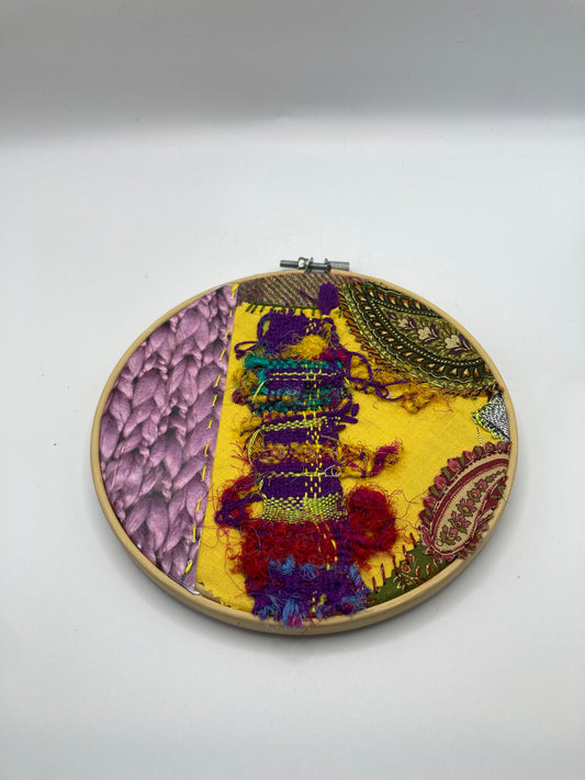 Bright Mixed Media Hand Stitched Large Round Hoop Wall Art