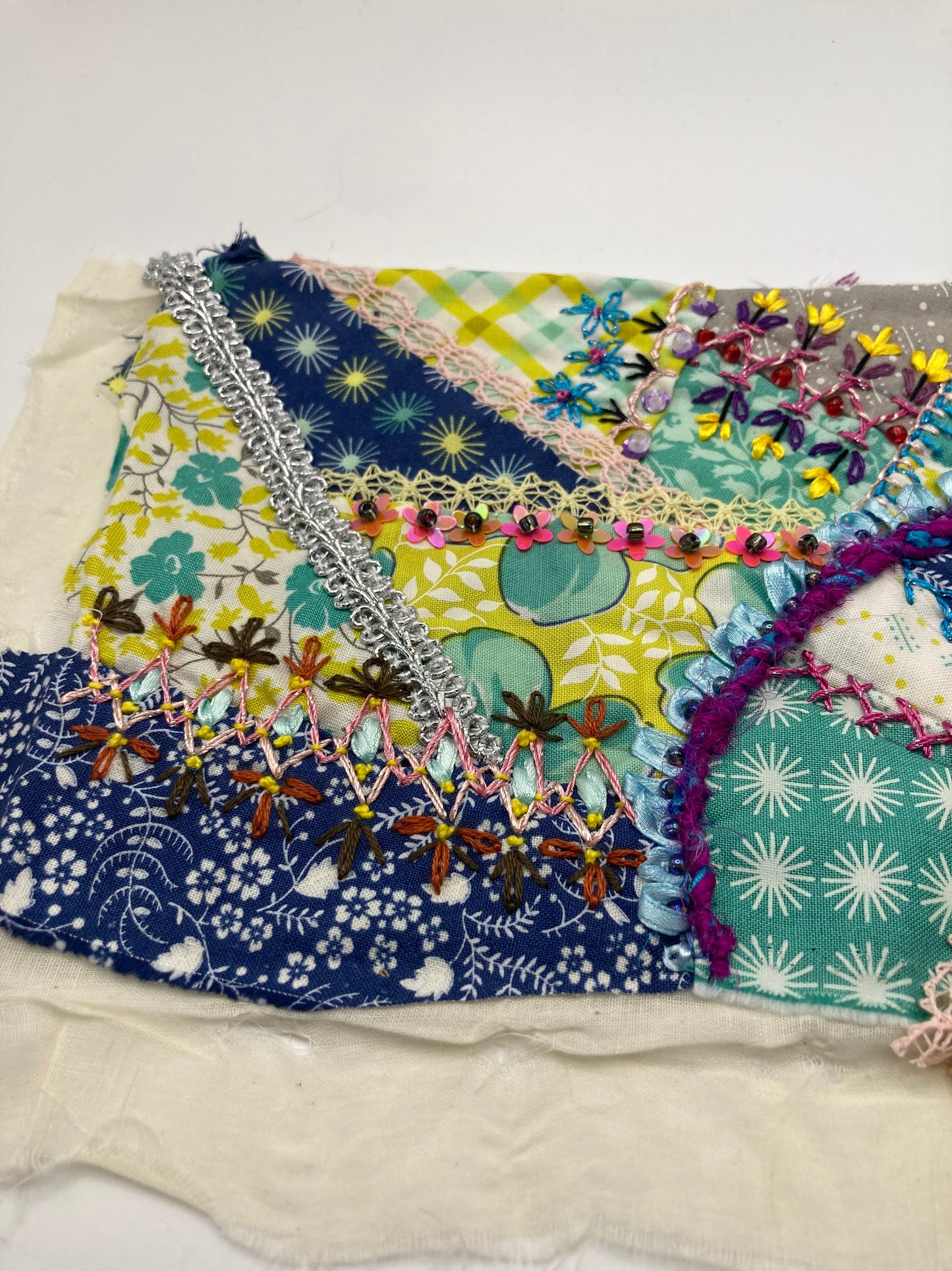 Bright Beaded Mixed Media Piece Embroidered Fibre Art - Bloom & Heirloom Vintage Decor