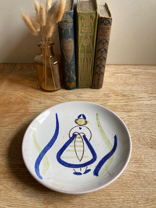 Hand Painted Plate Woman Blue Green Skansen Up Signed
