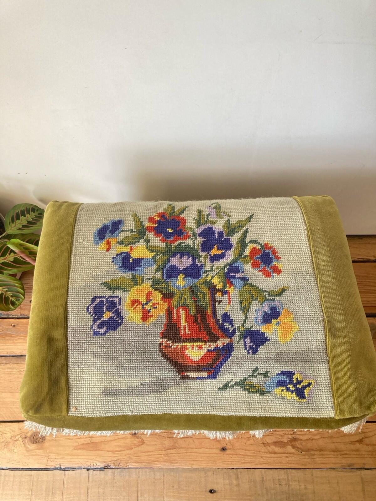 Vintage Embroidered Footstool Sewing Box Floral Design On Wheels