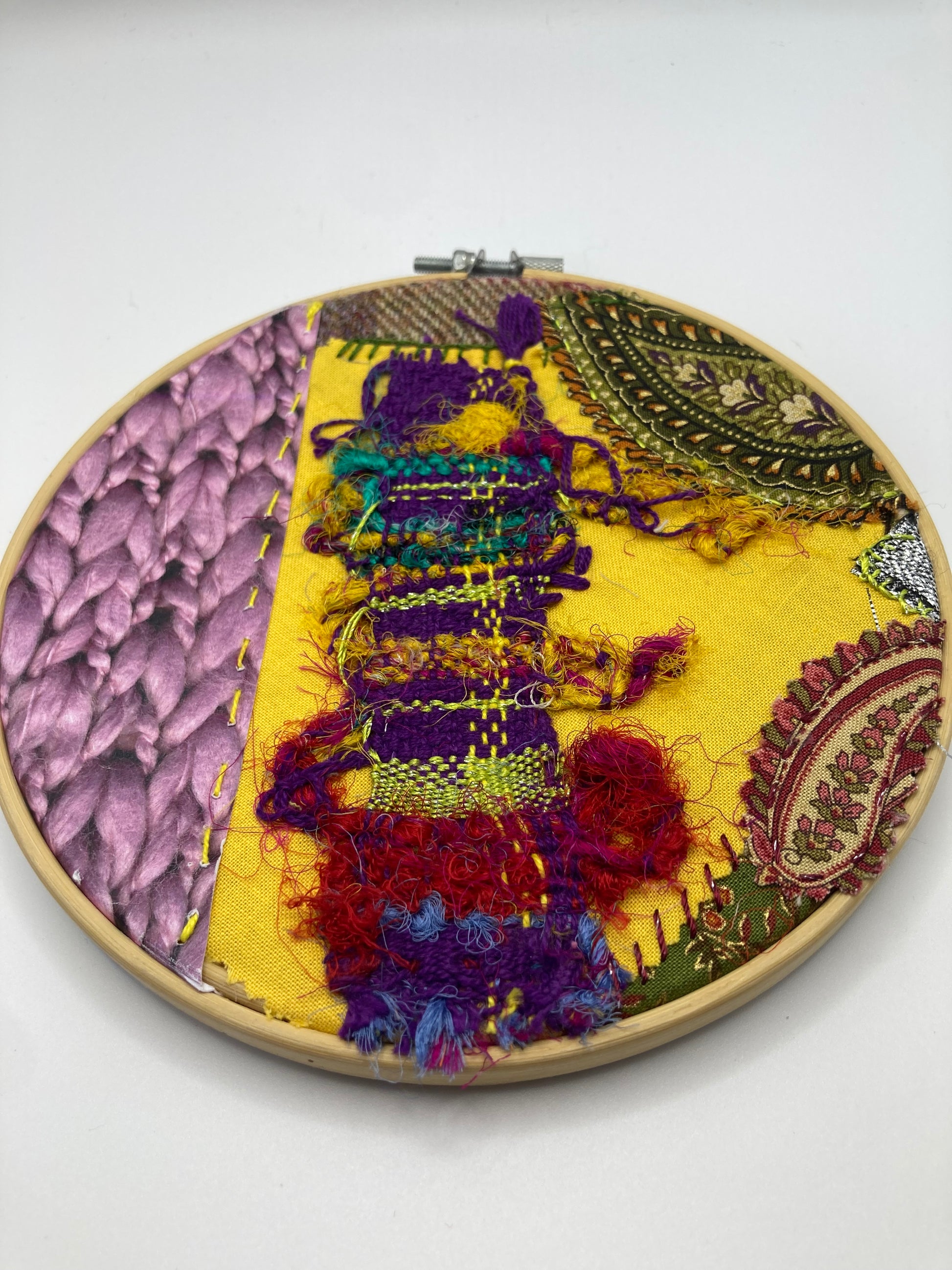 Bright Mixed Media Hand Stitched Large Round Hoop Wall Art - Bloom & Heirloom Vintage Decor