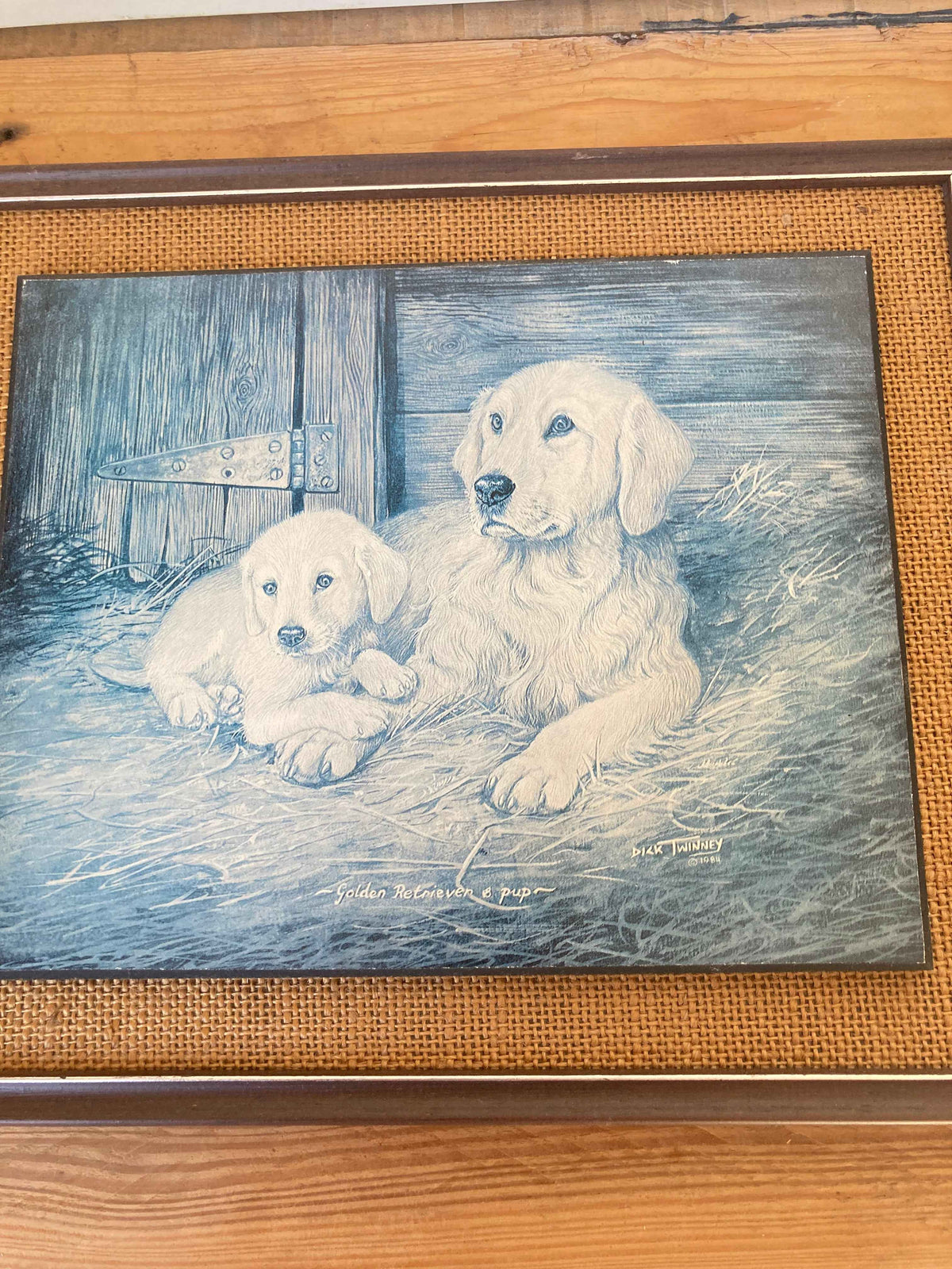 Vintage Dick Twinney Golden Retriever & Puppy Print, Framed on Wood