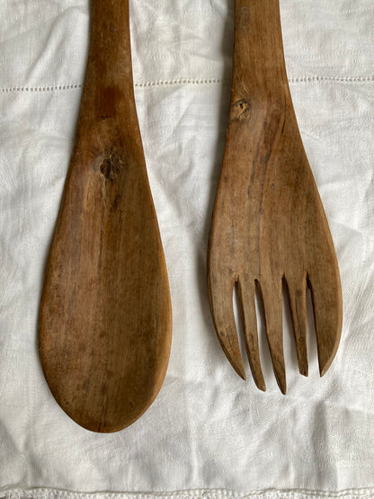 Vintage Wooden Carved Rhino Salad Servers Ethnic Rustic Mid Century