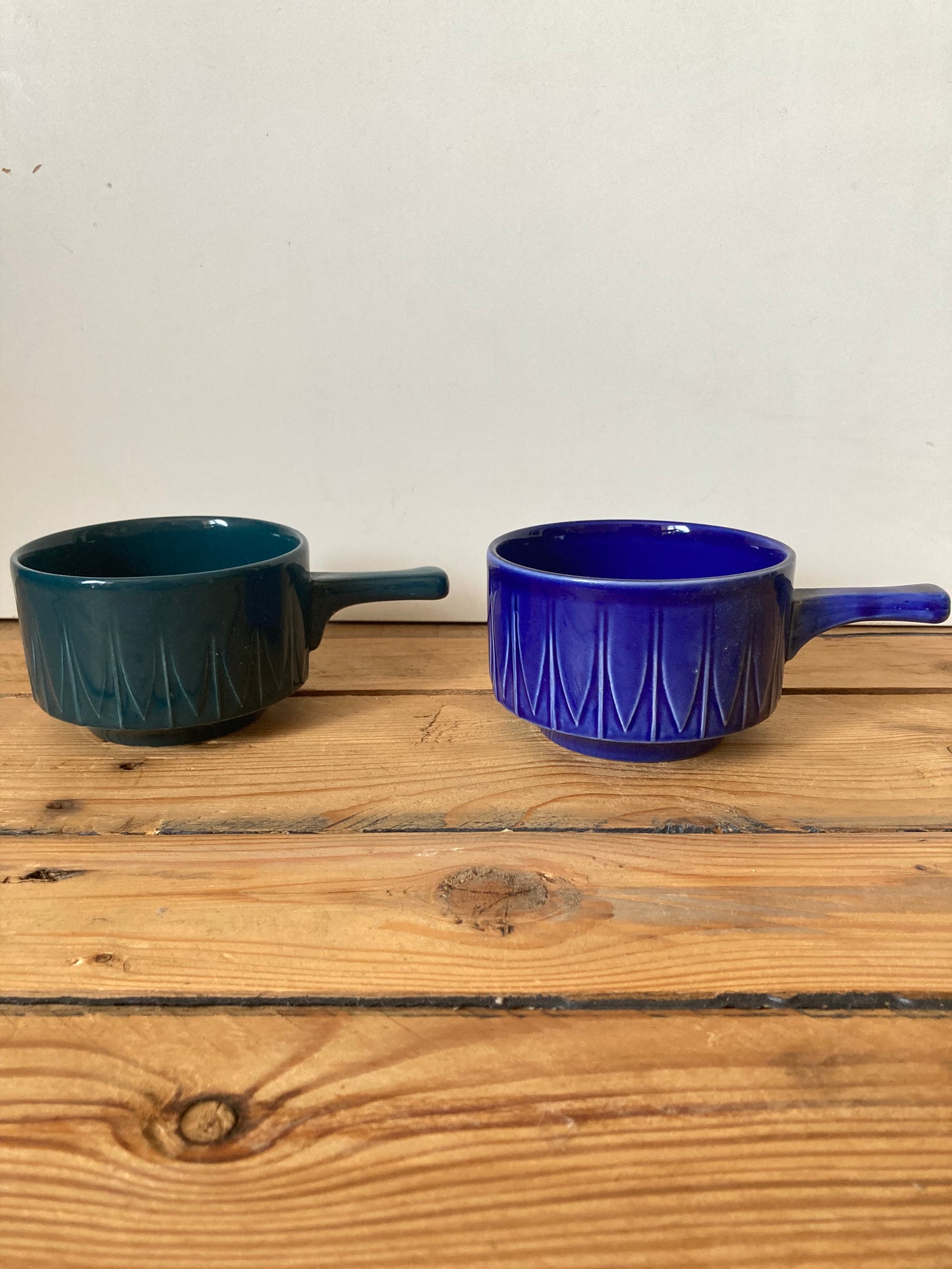 Vintage Tams Pottery Handled Soup Bowls | Set of 2 Blue & Green Stoneware Bowls | Made in England