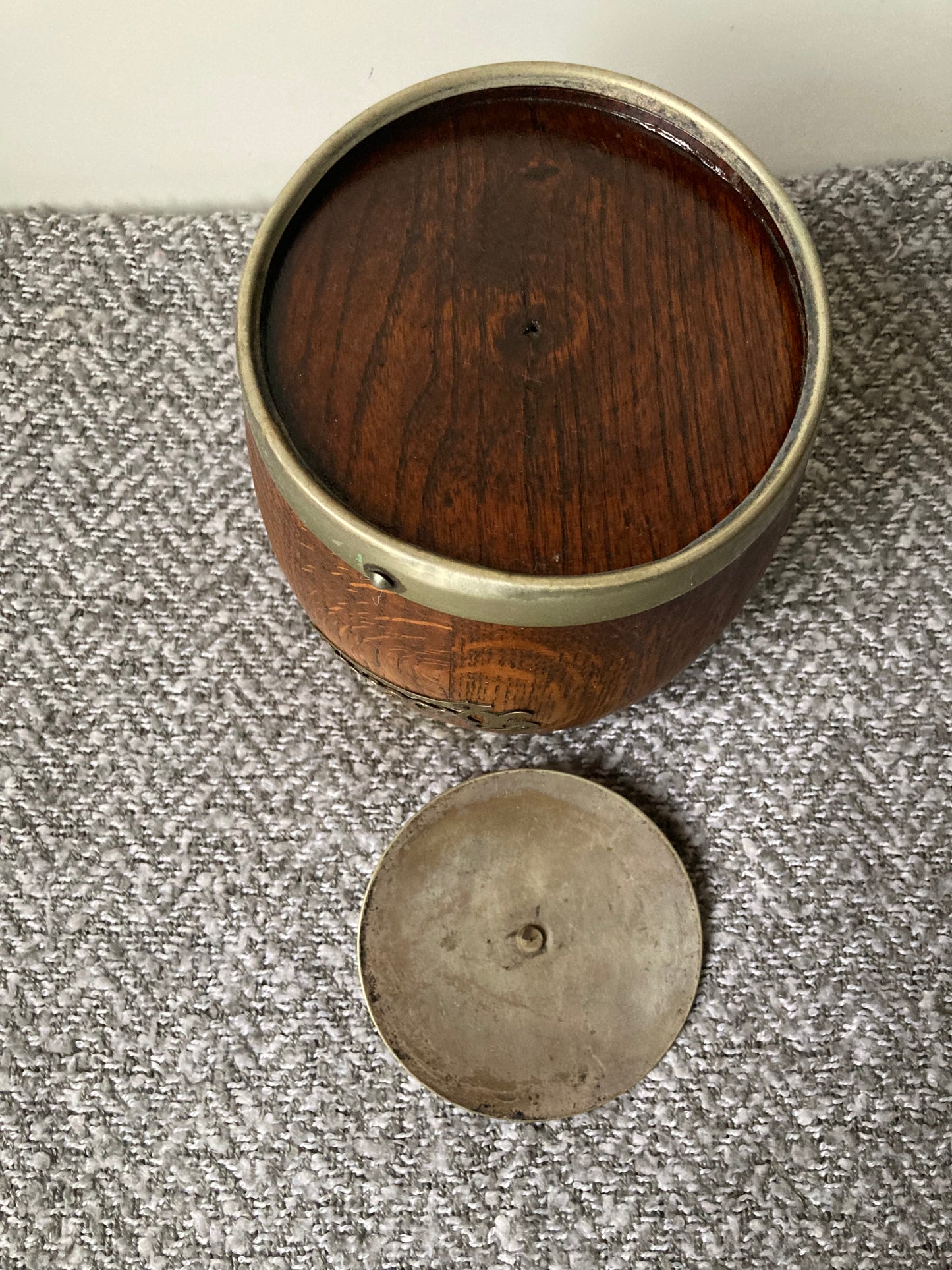 Antique English Oak and Brass Biscuit Box / Barrel