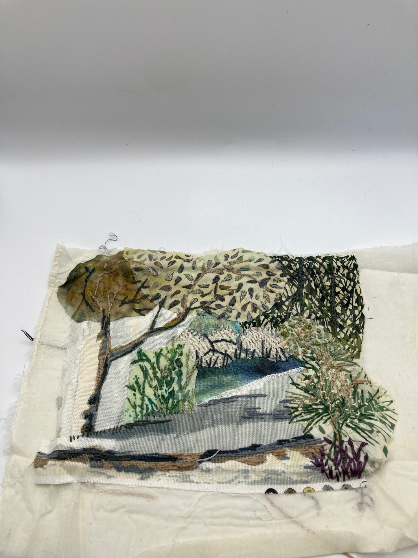 Textile Art Mixed Media Embroidered Landscape Piece For Framing Or Crafting - Bloom & Heirloom Vintage Decor
