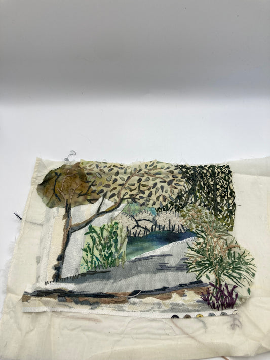 Textile Art Mixed Media Embroidered Landscape Piece For Framing Or Crafting - Bloom & Heirloom Vintage Decor