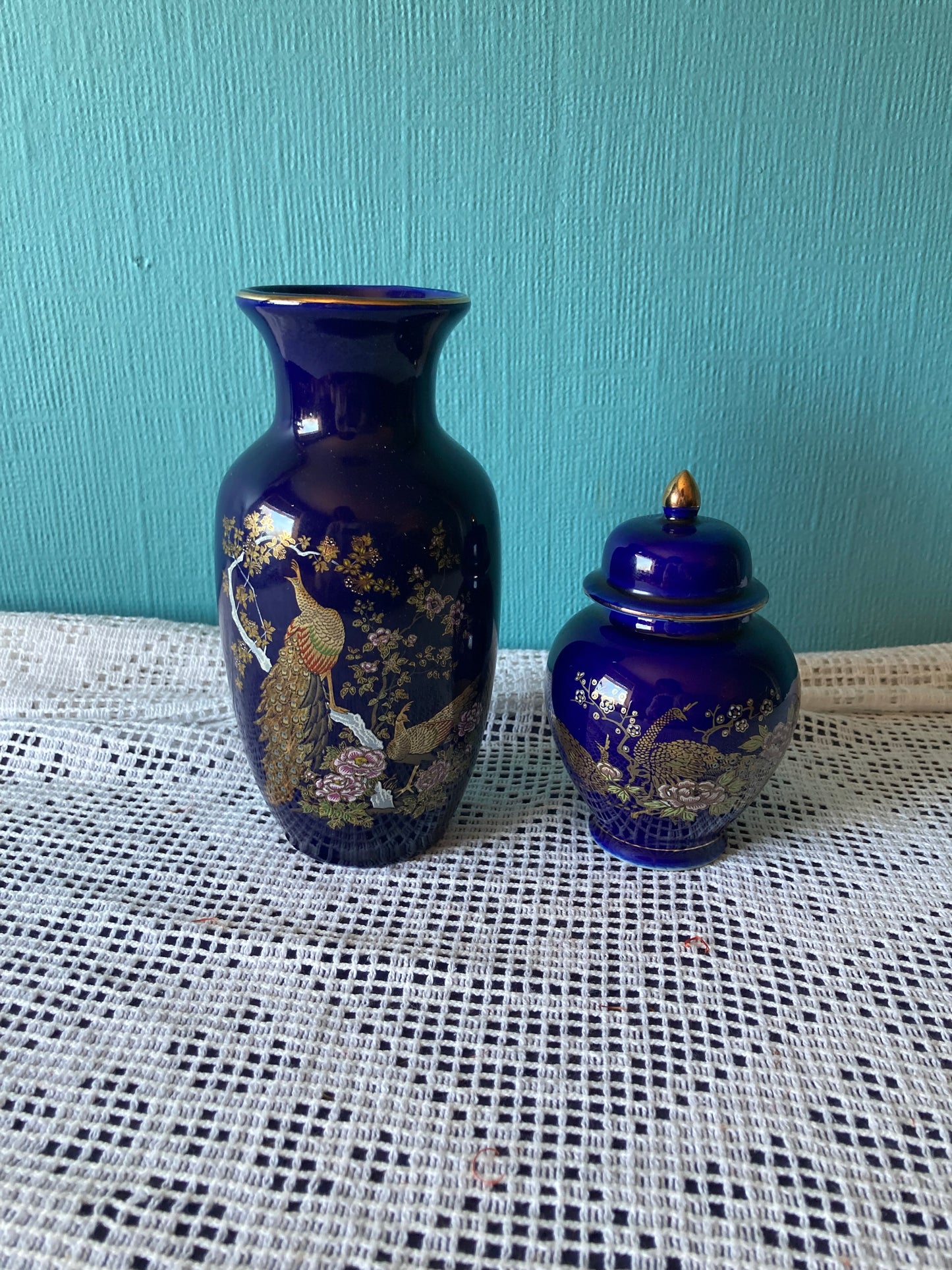 Kutani Ginger Jar and Vase Set Japanese Peacock Ceramics