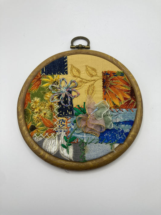 Floral Mixed Media Hand Stitched Medium Round Hoop Wall Art