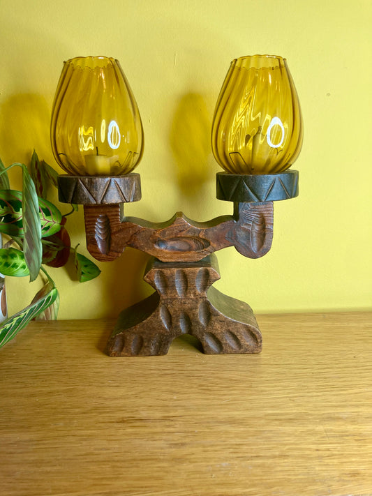 Vintage Amber Glass Carved Wood Double Shaded Candle Holder