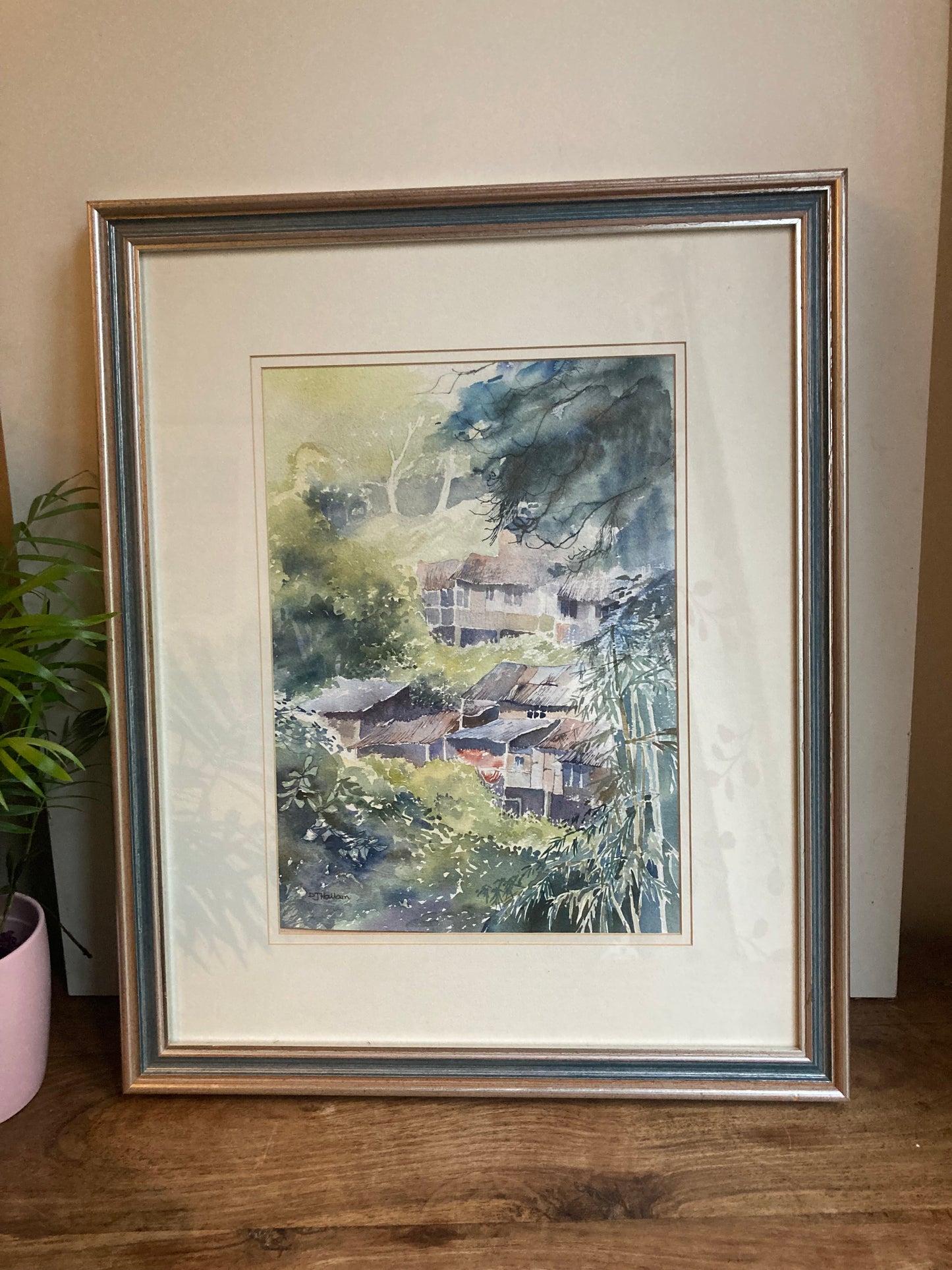 Asian Landscape Watercolour Painting Framed And Mounted Signed D J Hallam Wall