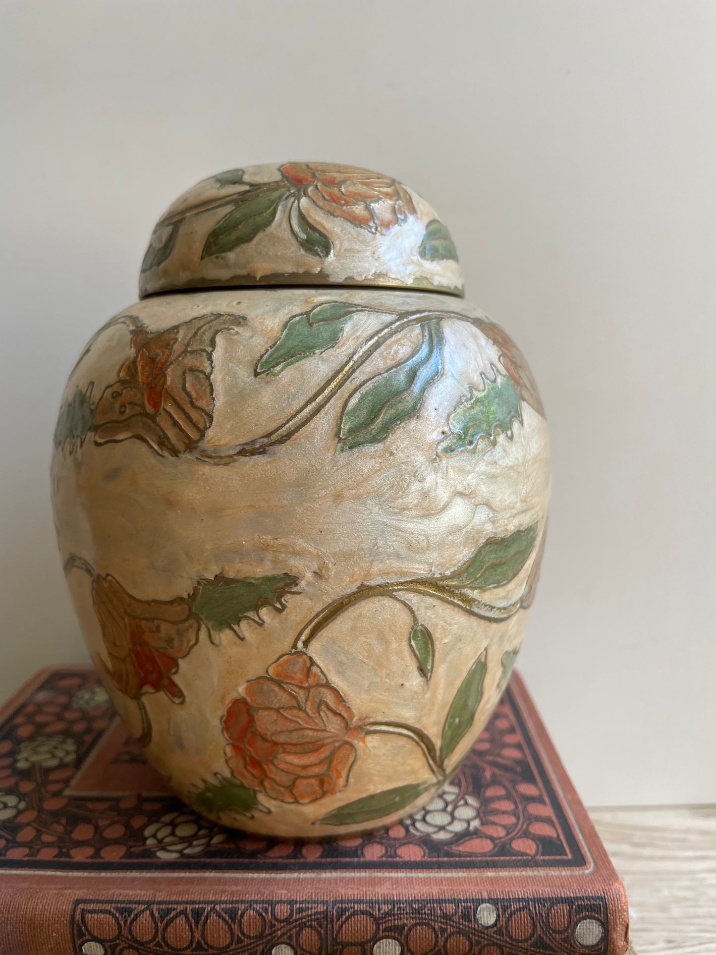 Cloisonne Decorated Brass Urn Vase Vintage Rose Pattern