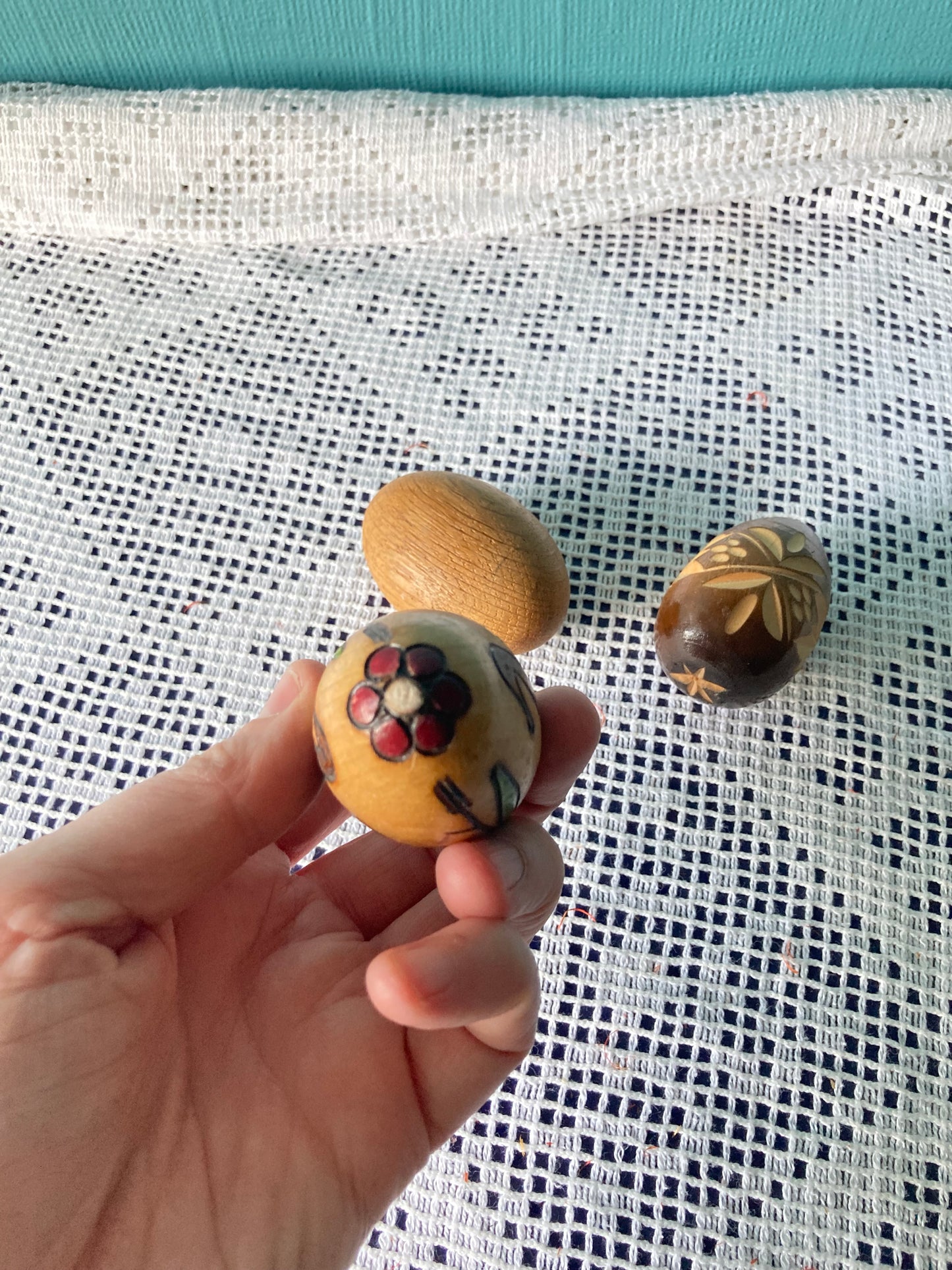 Hand Carved Decorated Wooden Egg Trio
