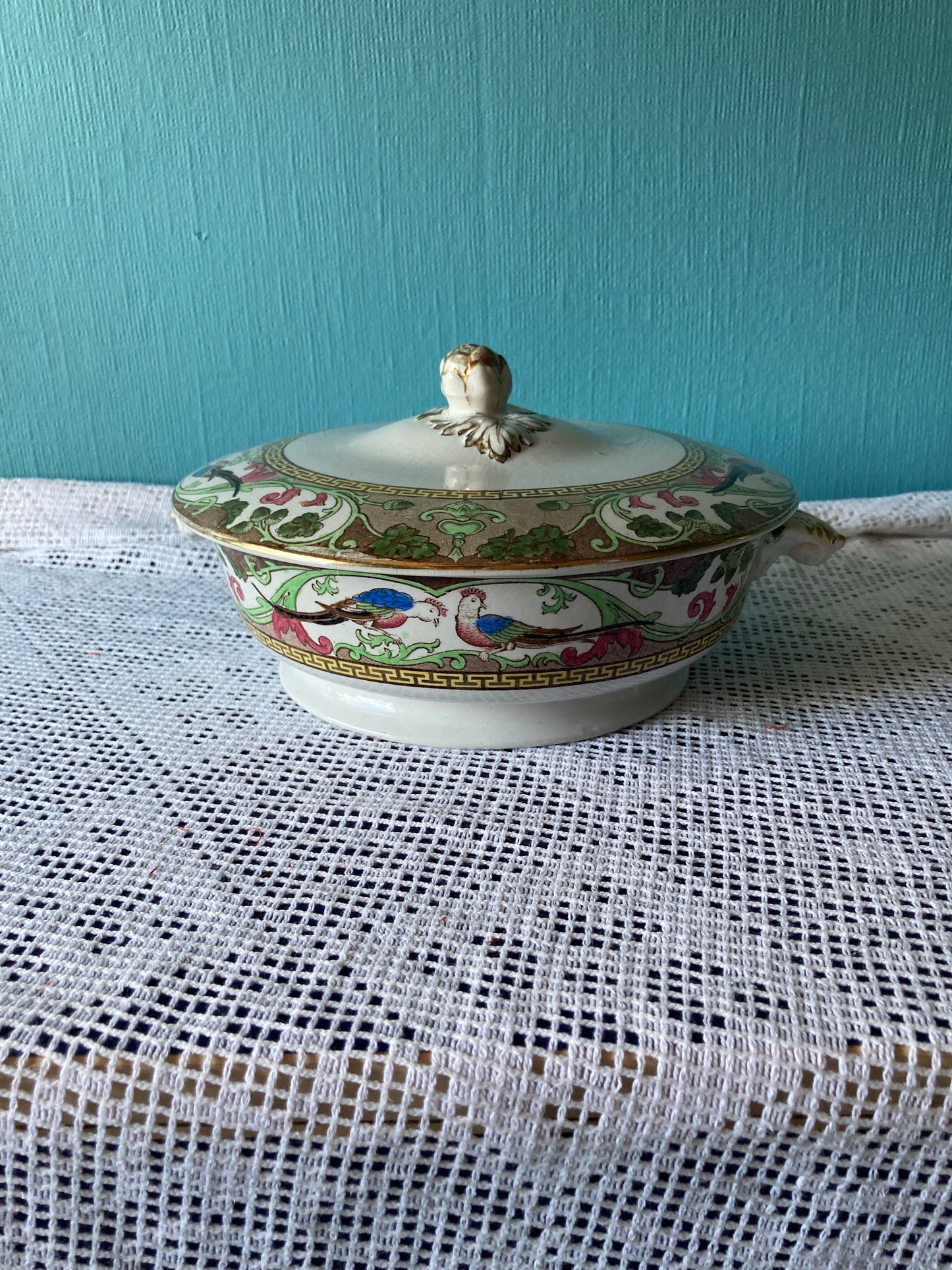 1920s Adderley Ltd Bone China Lidded Vegetable Bowl, Bird Motif with Gold Rim