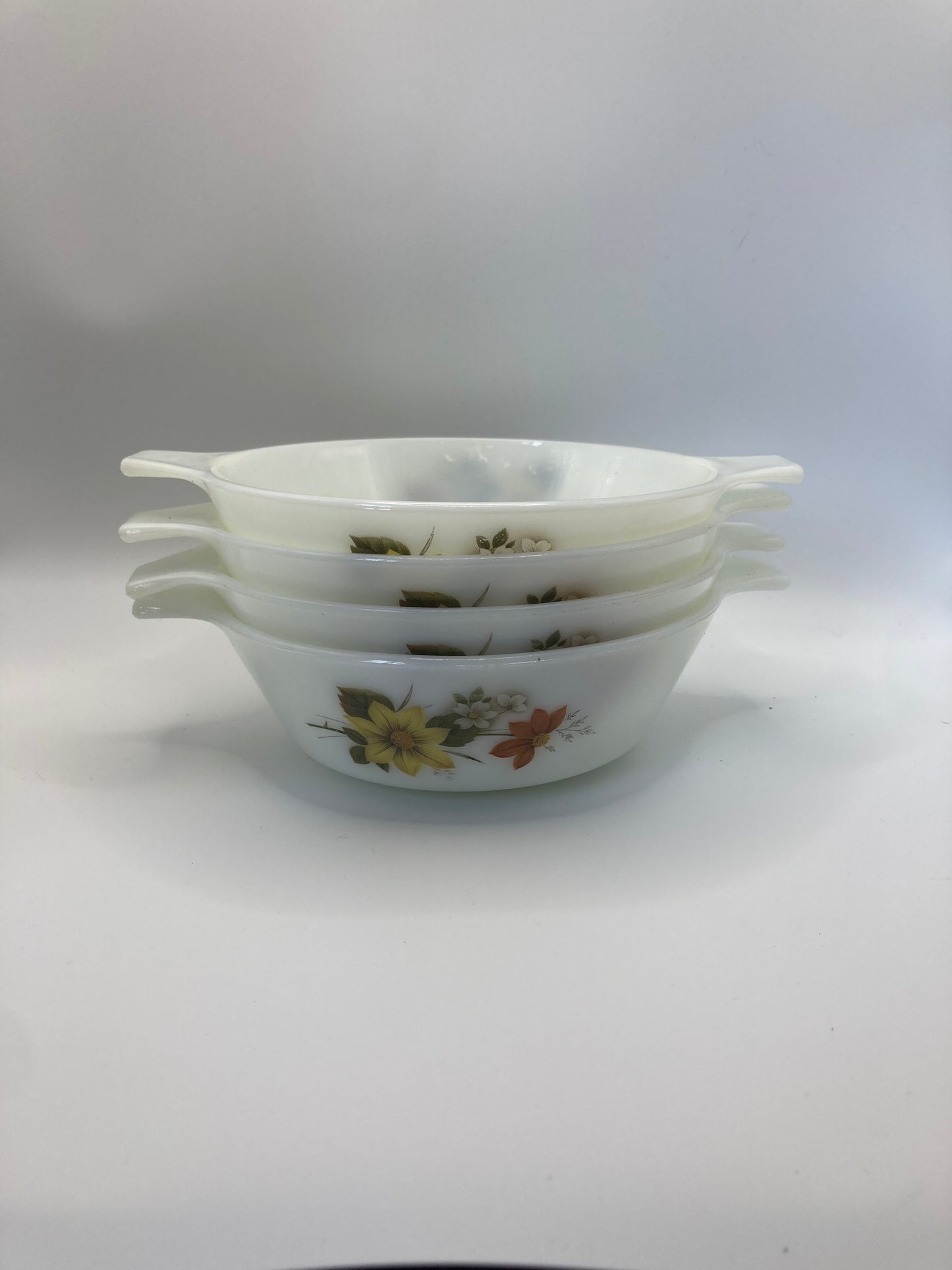 Vintage JAJ Pyrex White Dahlia Bowls Autumn Glory Serving Dishes x4 - Bloom & Heirloom Vintage Decor