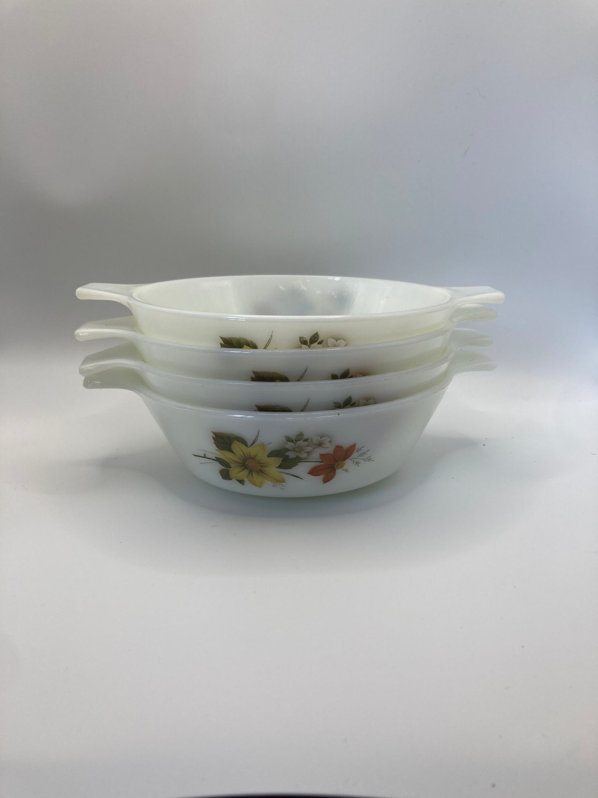 Vintage JAJ Pyrex White Dahlia Bowls Autumn Glory Serving Dishes x4 - Bloom & Heirloom Vintage Decor