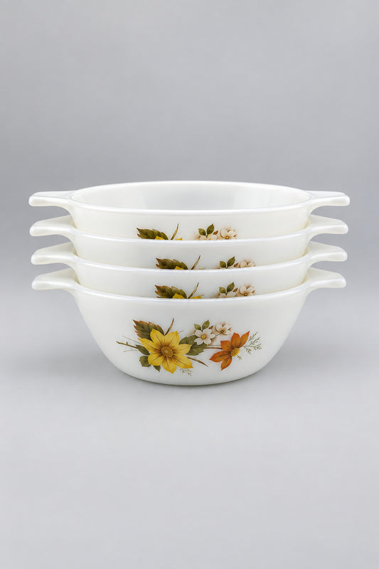 Vintage JAJ Pyrex White Dahlia Bowls Autumn Glory Serving Dishes x4 - Bloom & Heirloom Vintage Decor