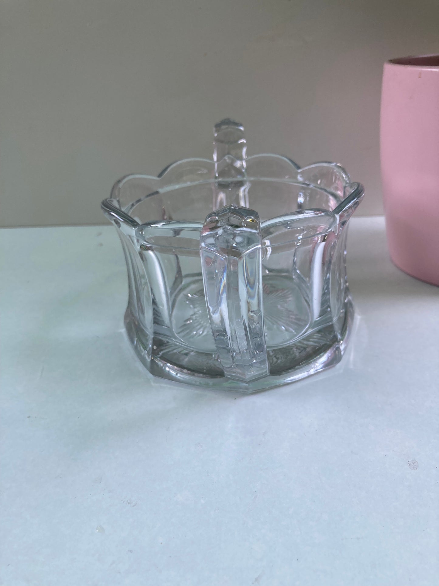 Glass Sugar Bowl Sweet Dish Scalloped Edges Handled