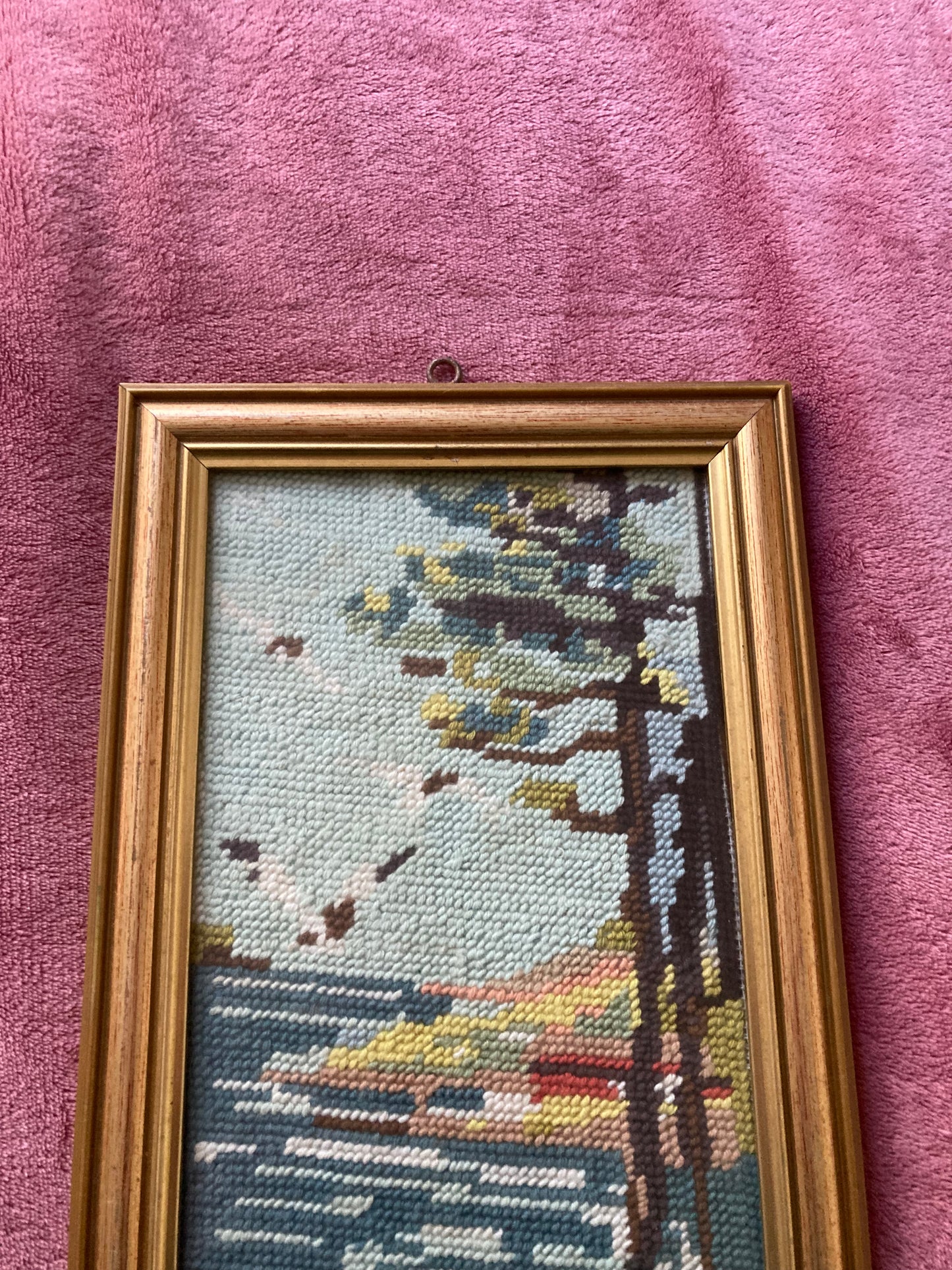 Framed Needlepoint Picture Coastal Landscape Coastline Vintage Trees Birds